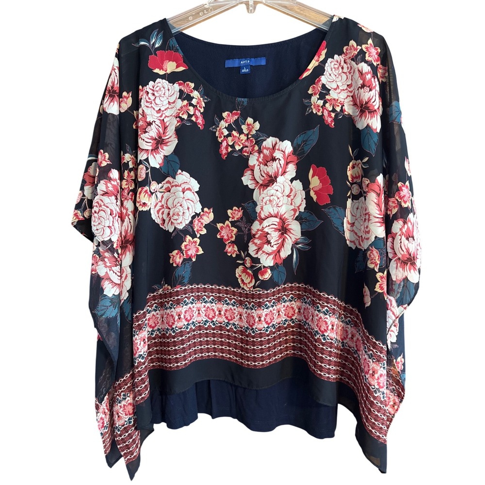 APT. 9 Women's Black Floral Sheer Overlay Poncho Top‎ L